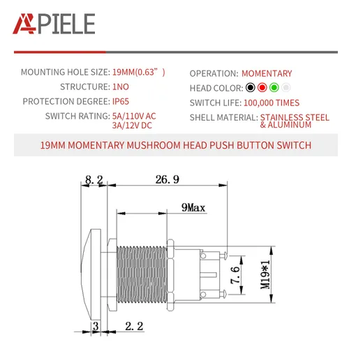Miniatura 2 de APIELE Interruptor de botón de cabeza de hongo de 19 mm botón de presión momentáneo IP65 impermeable 12V 24V 36V CC 110V 250V CA 5A SPST
