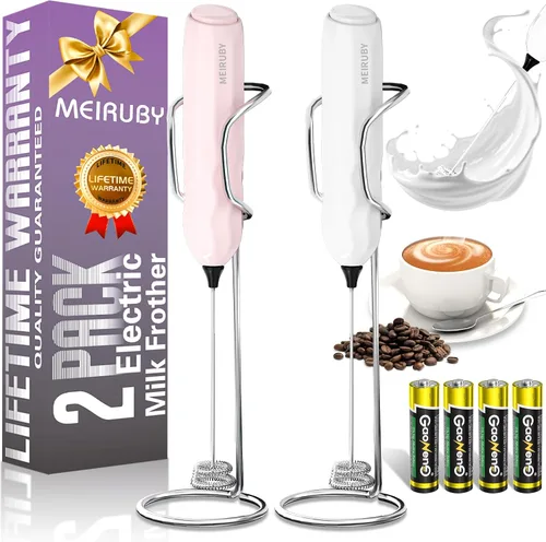 Miniatura 9 de MEIRUBY Paquete de 2 espumadores de leche manuales con soporte, regalos para el Día de San Valentín para él y para ella, potente espumador de café