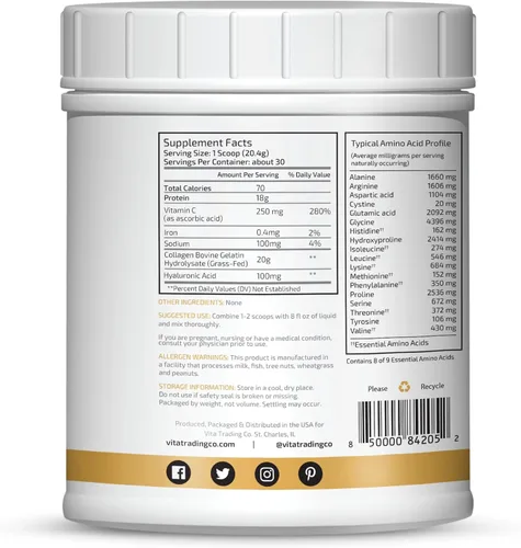 Miniatura 9 de VTC VitaTradingCo. - Péptidos de colágeno en polvo alimentados con pasto Tipo I y III Ácido hialurónico y vitamina C Cabello saludable, piel