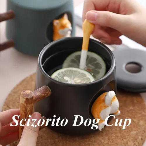 Miniatura 4 de Taza de Pareja de Perros Linda, Taza de Café de Cerámica con Tapa, Patas en la Parte Superior de la Cuchara, Bonito Diseño Tridimensional de Shiba