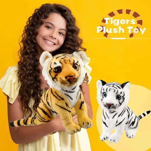 Miniatura 3 de Paquete de 2 juguetes de peluche de tigre de 11 pulgadas, lindo juguete de peluche realista de tigre, juguetes para fiestas temáticas de animales