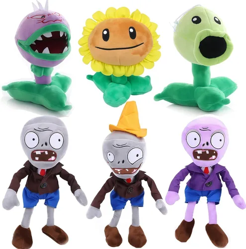 JHESAO 6 piezas de plantas y zombis PVZ - Juego de plantas de peluche de juguete Peashooter Purple Gray Conehead Zombi, 1 2 muñecos de peluche