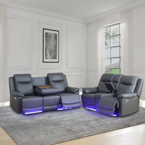 Miniatura 11 de Juego de sofá reclinable eléctrico, juego de sofá de cuero con puerto USB, sofá biplaza reclinable con consola de almacenamiento/portavasos
