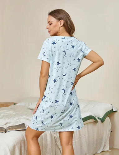 Miniatura 6 de PNAEONG - Camisón de algodón para mujer, de manga corta y con estampado, ropa de dormir informal