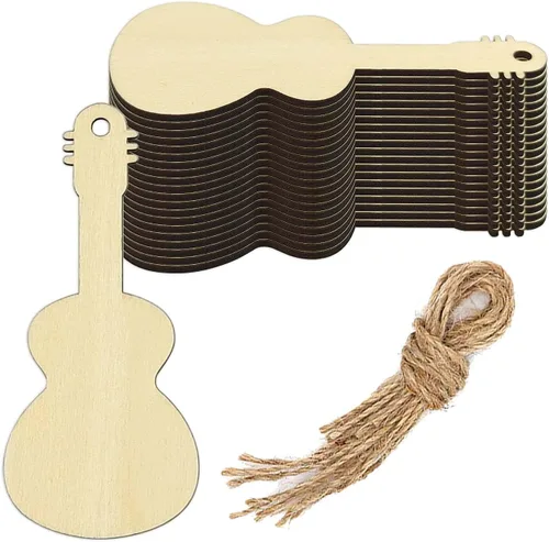 Adornos colgantes de madera con agujero para colgar en forma de guitarra de madera, etiquetas de madera para boda, cumpleaños, decoración de fiesta