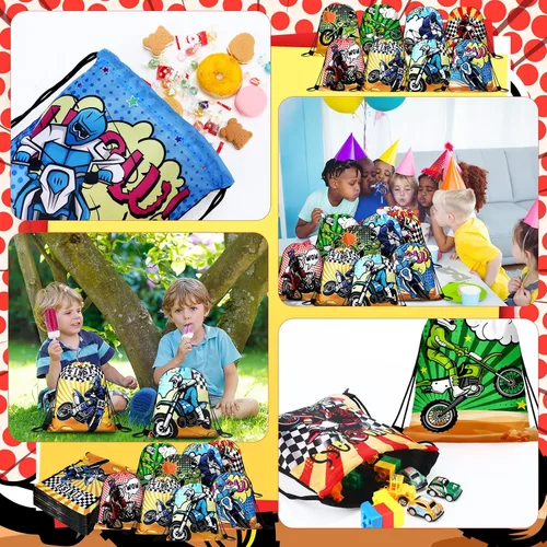 Miniatura 6 de Boao Paquete de 16 bolsas de regalos de motocross con cordón para fiestas temáticas de carreras, bolsas de regalos para fiestas de cumpleaños