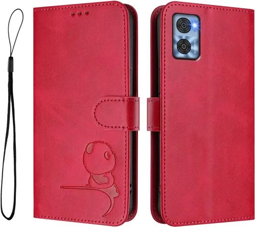 Leather Case Compatible with Moto E22i 4G Cover, Cute Panda Leather Wallet Flip Kickstand Phone Case with Card Holders Wrist Strap Shockproof Cover
