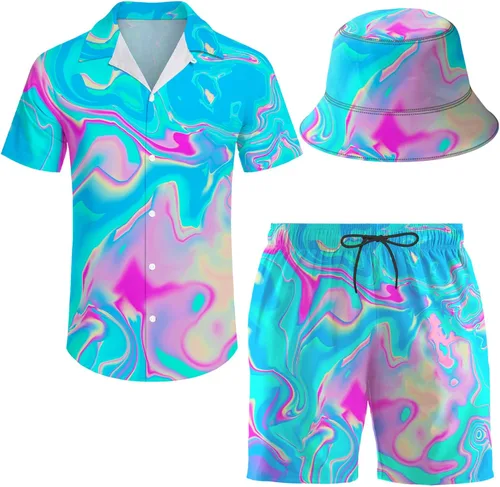 Miniatura 6 de Conjunto deportivo de 2 piezas para hombre, camisa hawaiana, pantalones cortos, camisa con botones y pantalones cortos con sombreros de pescador