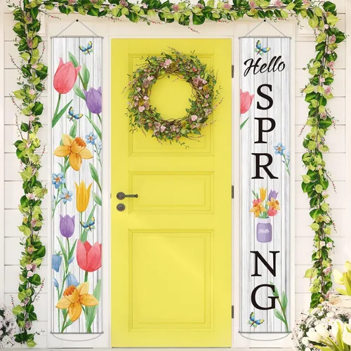 Letrero floral para porche con texto en inglés «Hello Spring» con diseño floral de acuarela y mariposas, decoración vintage de primavera para puerta