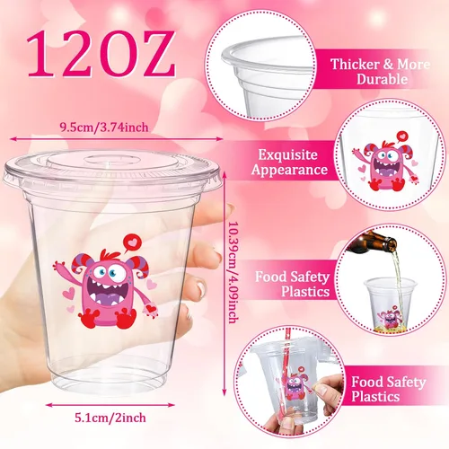 Miniatura 2 de Eaasty Juego de 20 vasos de plástico para el día de San Valentín con tapa y pajitas, 12 onzas, transparentes, desechables, tazas de monstruo de San
