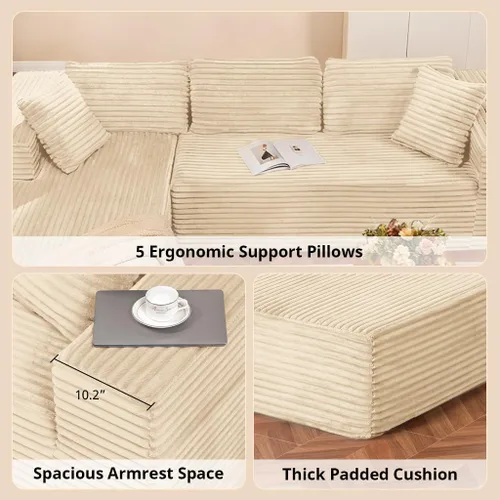Miniatura 6 de COMHOMA - Sofá seccional modular de 105" con asiento profundo, sofá en forma de L tapizado en nube, brazos anchos, tela de corduroy, chaise lounge