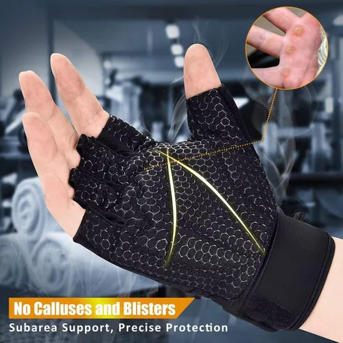 Miniatura 4 de ihuan Guantes transpirables para levantamiento de pesas: soporte de muñeca para ejercicio sin dedos Mejora la protección de la palma Agarre Negro