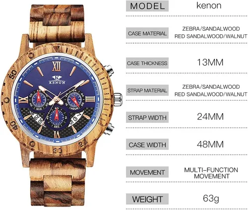Miniatura 3 de Relojes de madera grabados personalizados, de lujo, analógicos, de cuarzo, con fecha, cronógrafo, multifuncional, de madera, para hombres
