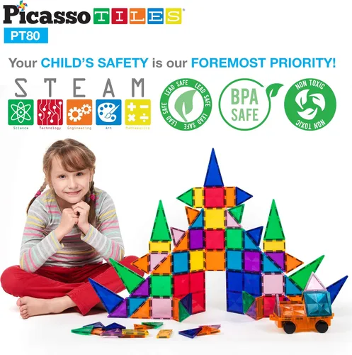 Miniatura 6 de PicassoTiles Figuras de avión + 80 piezas de azulejos magnéticos de diamante + 2 piezas para automóvil, paquete de expansión de 4 imanes de acción
