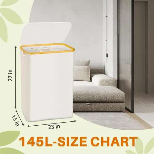 Miniatura 6 de Cesto para ropa sucia de 3 secciones, 145L cesto para ropa sucia con tapa, organizador de cesta de lavandería extragrande con bolsas interiores Beige