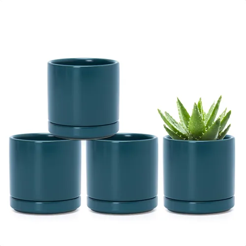 Miniatura 14 de D'vine Dev Juego de 4 macetas pequeñas de cerámica, maceta para suculentas de 3.5 pulgadas para plantas con orificio de drenaje y platillo