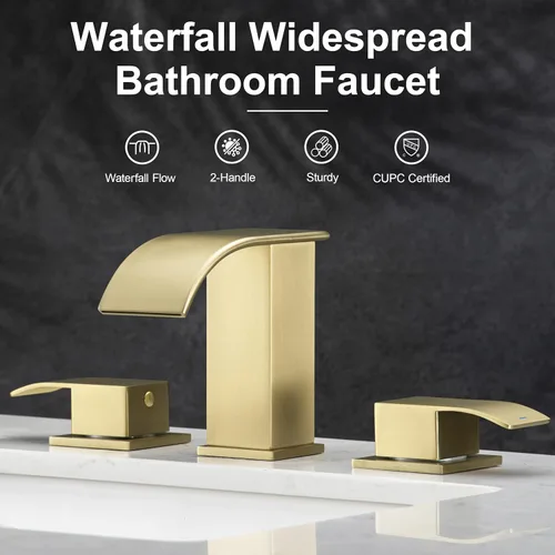 Miniatura 2 de Grifo de baño de cascada de oro cepillado de 8 pulgadas, grifos de baño para fregadero de 3 agujeros, grifo de lavabo de baño generalizado 2 asas