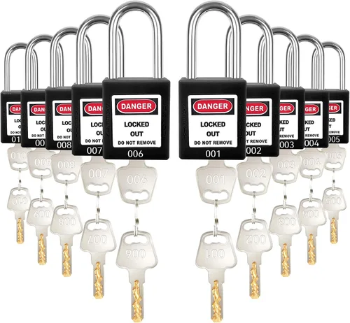 Miniatura 14 de Juego de 5 cerraduras de bloqueo con llave negra, 2 llaves por cerradura, candados de seguridad compatibles con OSHA para kit de etiqueta de bloqueo