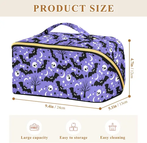 Miniatura 8 de Bolsa Organizadora de Maquillaje, Bolsa de Maquillaje de Halloween con Murciélagos Negros y Cielo Nocturno con Estrellas, Bolsa de Maquillaje