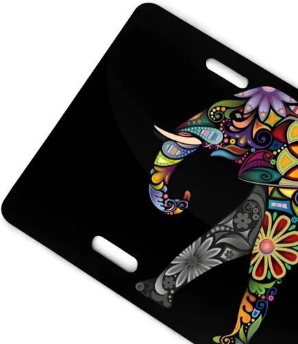 Miniatura 3 de Placa de matrícula delantera de aluminio con diseño alegre boho de mandala floral con elefante, placas de matrícula decorativas divertidas de metal