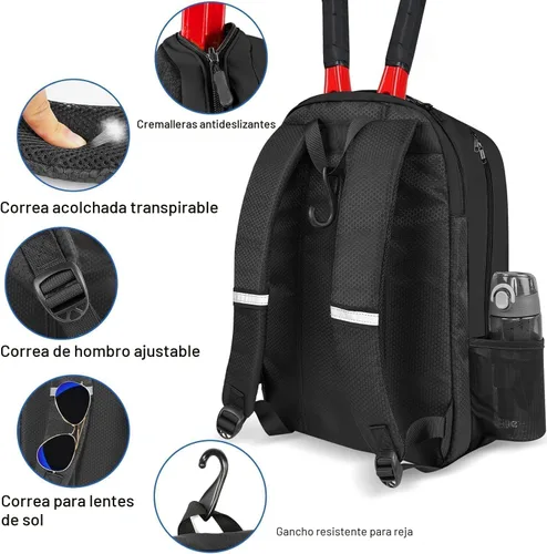 Miniatura 8 de Ytonet Tennis Bag Tennis Backpack for Women Men 2 Rackets with Insulated Pocket Ventilated Shoe Compartment Negro