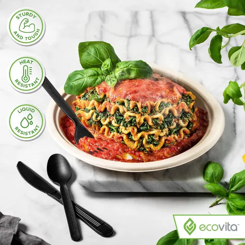 Miniatura 4 de Ecovita Juego de cubiertos desechables 100% compostables - 380 tenedores, cucharas y cuchillos grandes (17.8 cm) Utensilios ecológicos duraderos
