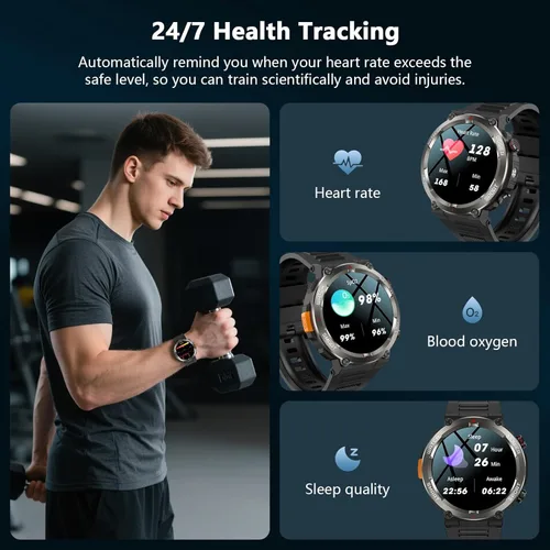 Miniatura 5 de IOWODO Reloj inteligente militar para hombre, batería de 100 días de duración, rastreador de actividad física con linterna LED / brújula, monitor