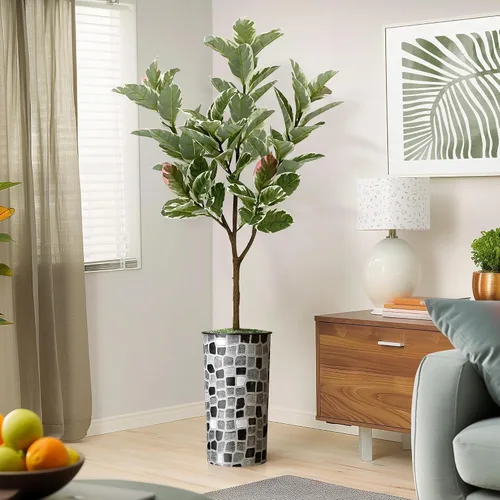 Miniatura 8 de Árbol artificial en macetero moderno con patrón geométrico, palmeras tropicales areca falsas de seda para decoración del hogar en interiores