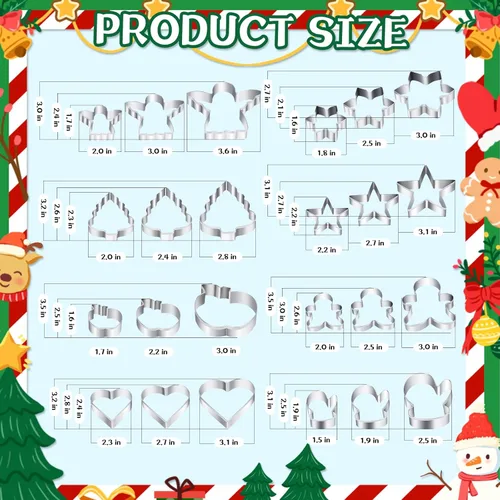 Miniatura 5 de Juego de Cortadores de Galletas de Navidad - 24 Piezas Cortador de Galletas Navideñas con 8 Formas - Hombres de Jengibre, Árbol de Navidad, Copo
