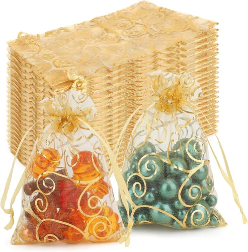 Bolsas de organza doradas, 100 bolsas de organza transparente, bolsa de malla dorada con cordón de 3 x 4 pulgadas, bolsas de regalo impresas de