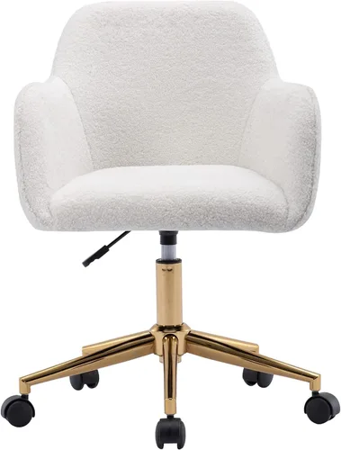 Silla de tocador de piel sintética para oficina en casa con respaldo, altura de maquillaje rodante, color blanco con ruedas, escritorio mullido para
