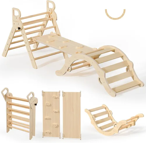 Miniatura 12 de Conjunto de triángulo Pikler BlueWood, juguetes de escalada de madera para niños pequeños, juguete de escalada plegable de 7 en 1 para niños