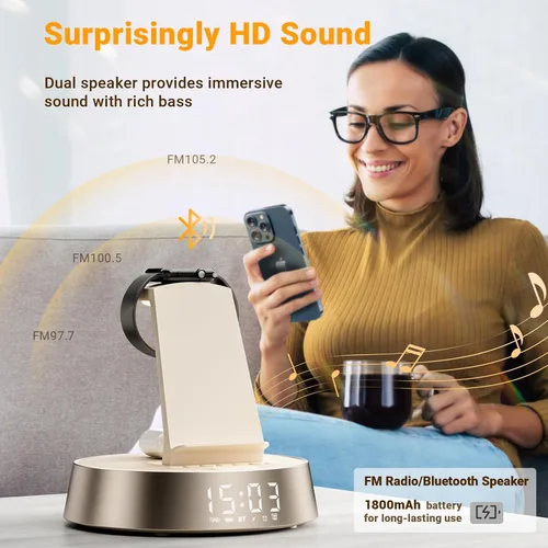 Miniatura 3 de Reloj despertador con estación de carga inalámbrica, reloj para dormitorio con altavoz Bluetooth de luz nocturna, estación de carga inalámbrica