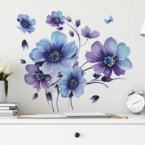Miniatura 3 de Adhesivos de pared de flores de margaritas de tinta azul-morado, diseño floral de mariposa de sacinora calcomanías de pared removibles de vinilo