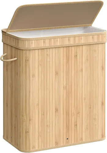 SONGMICS Cesta de lavandería con tapa, cesta de lavandería de bambú, extraíble lavable a máquina, con asas, 26.4 galones, para lavandería, Beige