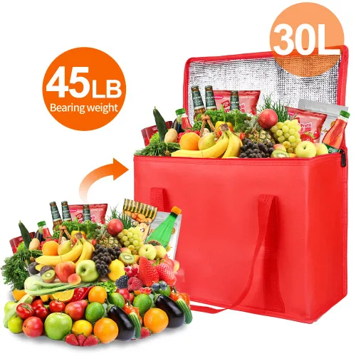 Miniatura 4 de Bodaon - Paquete de 1 bolsa de compras reutilizable y aislada para comestibles, tamaño XL, bolsa térmica para picnic con cierre superior, para Rojo