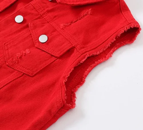 Miniatura 4 de CHARTOU Chaleco de mezclilla deshilachado sin mangas con botones y cuello de solapa para mujer