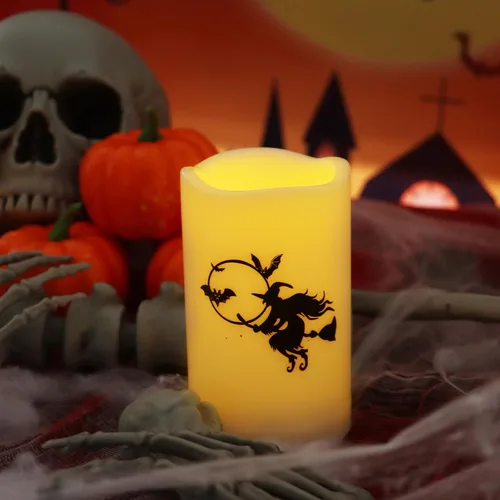 Miniatura 4 de Velas de pilar sin llama de Halloween al aire libre con temporizador diario automático, luces LED eléctricas parpadeantes realistas con calcomanías