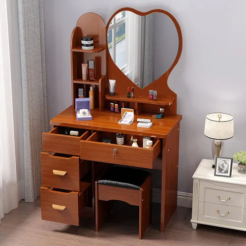 Miniatura 12 de QQXX Juego de tocador grande con espejo, tocador de maquillaje con estantes de almacenamiento y 4 cajones, taburete acolchado para dormitorio