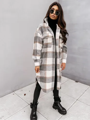 Miniatura 5 de Yousify Chaqueta larga con solapa a cuadros para mujer cepillada con botones y bolsillos