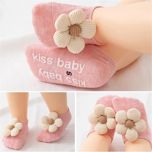 Miniatura 3 de Paquete de 4 calcetines para bebé, con empuñaduras antideslizantes de flores para bebés y niños pequeños, calcetines tobilleros de corte bajo