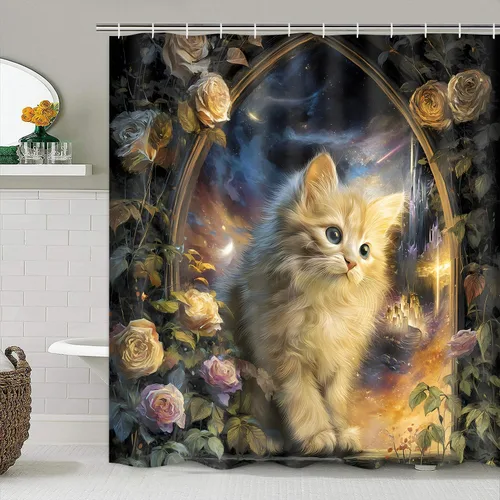 Miniatura 4 de Juego de 4 cortinas de ducha de gato con alfombras antideslizantes, cubierta para tapa de inodoro y tapete de baño, diseño de castillo rosa