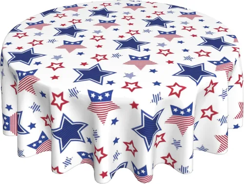 AGAYNA 4th of July Tablecloth Round 60 Inch Blue Red White Patriotic Stars Table Cloth,Stain Resistance Independence Day Holiday Table Covers for
