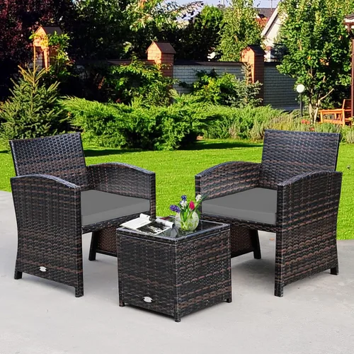 Miniatura 4 de Tangkula Juego de muebles de ratán de polietileno de 3 piezas, juego de conversación de patio con silla y mesa de café de almacenamiento, cojín Gris