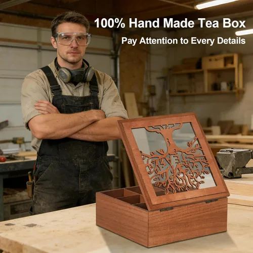 Miniatura 3 de Organizador de caja de té de madera, organizadores de té y almacenamiento con patrón de árbol, soporte para bolsa de té, caja organizadora