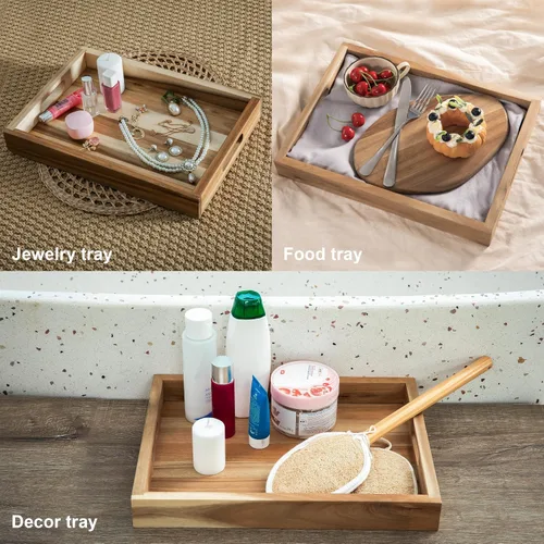 Miniatura 9 de VICTORY RELAX Bandeja de Servir Rectangular de Madera de Acacia Natural con Asas, Juego de 2 (15"x11" y 13"x10"), Bandeja Grande para Otomana