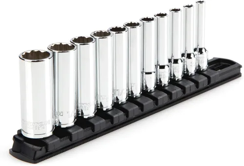 TEKTON Juego de llaves de vaso de 12 puntos de 1/4 pulgadas de profundidad con riel, 11 piezas (5/32-9/16 pulgadas) | SHD90107