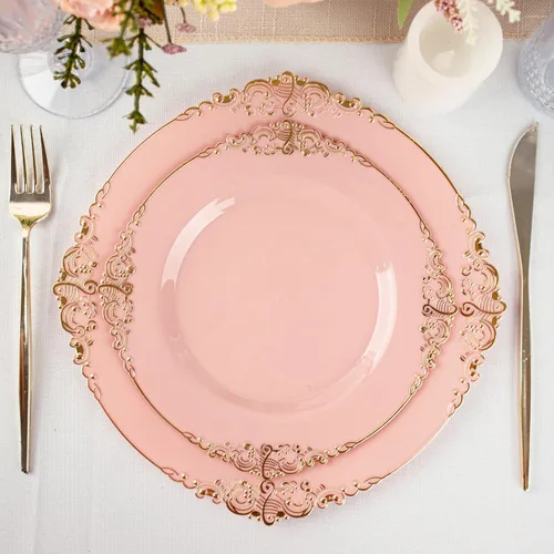 Miniatura 9 de Tableclothsfactory Paquete de 10 platos redondos de plástico barroco dorado de 8 pulgadas para ensalada de postre, vajilla desechable con borde