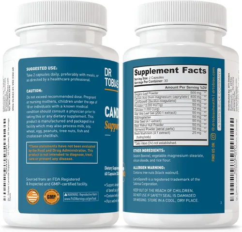 Miniatura 5 de Dr. Tobias Candida Support, complejo de equilibrio de flora intestinal con orégano, ácido caprílico, enzimas y probióticos, apoya la limpieza