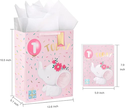Miniatura 2 de WRAPAHOLIC Bolsa de regalo extra grande de 16.5 pulgadas con tarjeta y papel de seda, adorable diseño de elefante para bebé, baby shower, fiesta